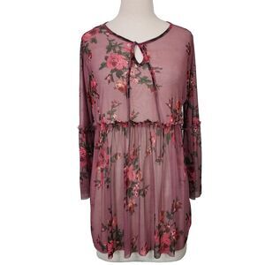 Fig & Olive Tunic Top Sheer Mesh Purple Floral Women Plus 1X Flowy Stretch Shirt